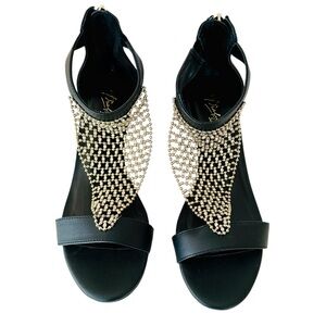 Thalia Sodi Tibby Black Mesh Wedge Sandals with Gold Tone Mesh and Rhinestones